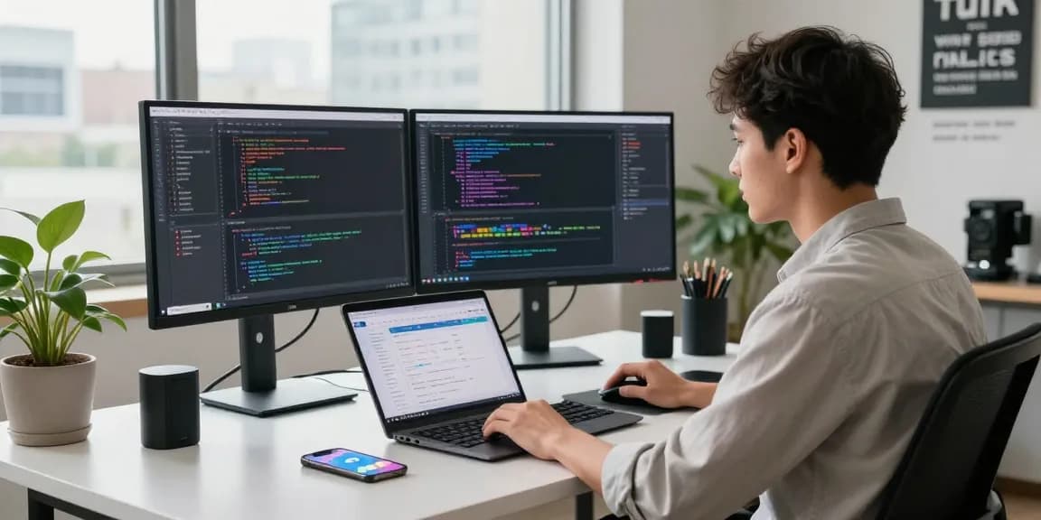 Engaged software developer in a tech workspace using the Telegram官网 app on multiple devices for productivity.