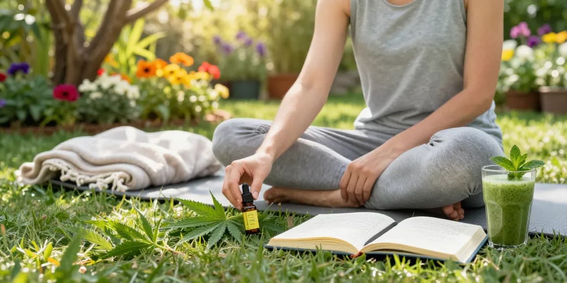 Natural wellness moment featuring semillas premium Ministry of Cannabis CBD oil, fresh hemp leaves, and healthy smoothie.