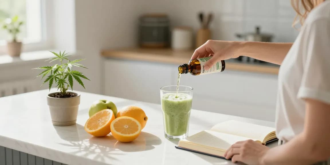 Top shelf flower delivery depicted in a vibrant kitchen scene with CBD oil, fresh ingredients, and wellness items.