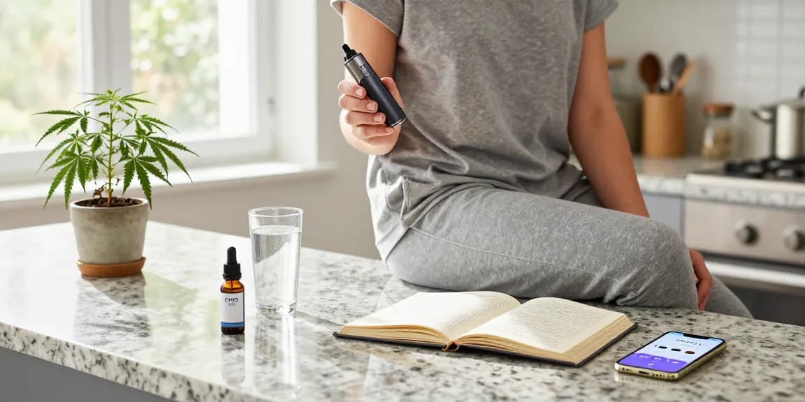 weed vape uk device held by individual in modern kitchen enjoying natural wellness moment with CBD oil and infused water