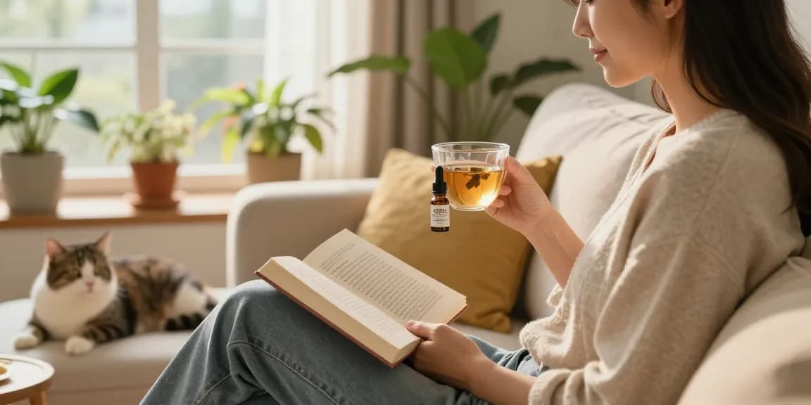 Relaxing home scene showcasing cbd canada wellness products with a woman enjoying full-spectrum CBD oil.