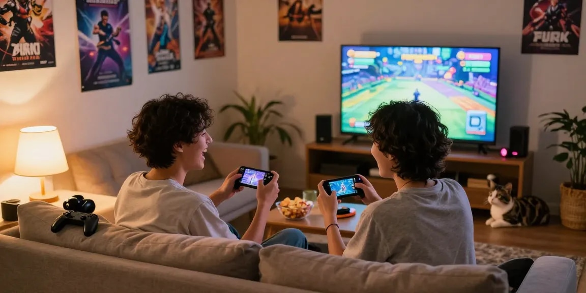 Young adults enjoying a lively multiplayer porngame in a cozy living room.