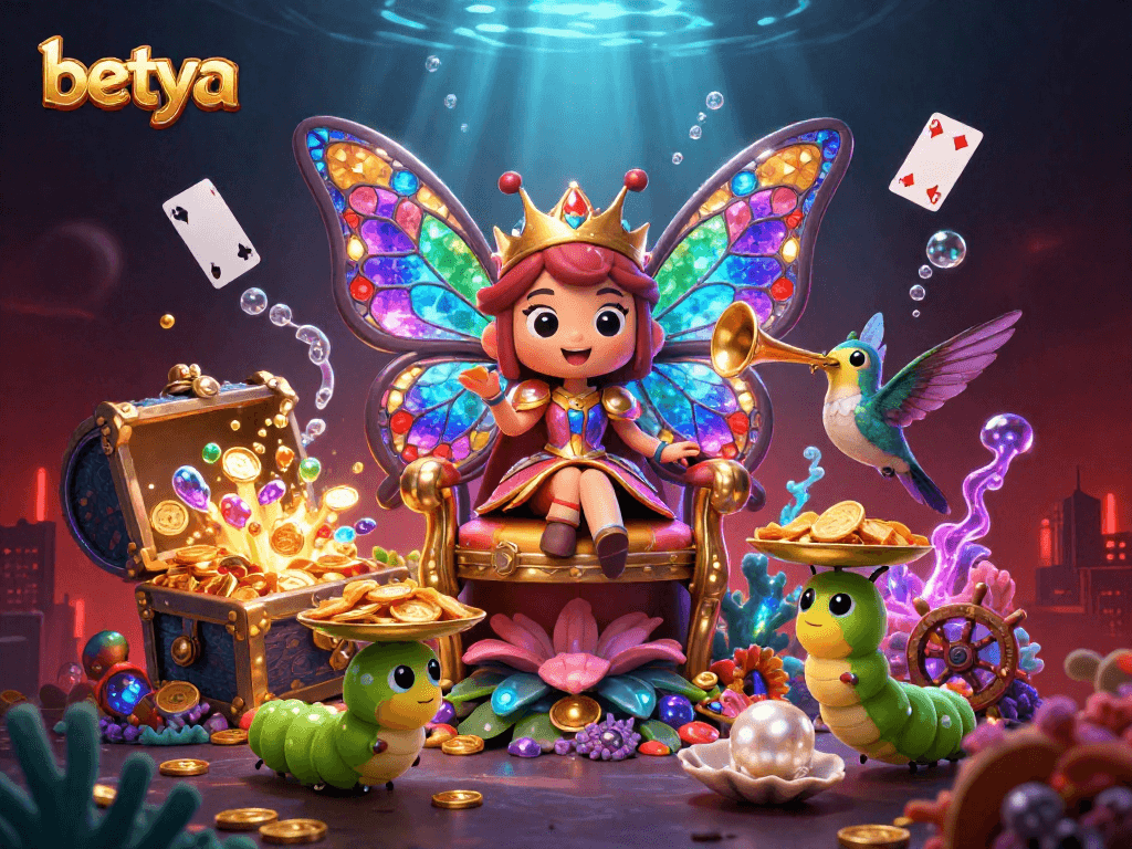 Betya's vibrant underwater casino scene featuring a stunning butterfly queen with animated casino joy.
