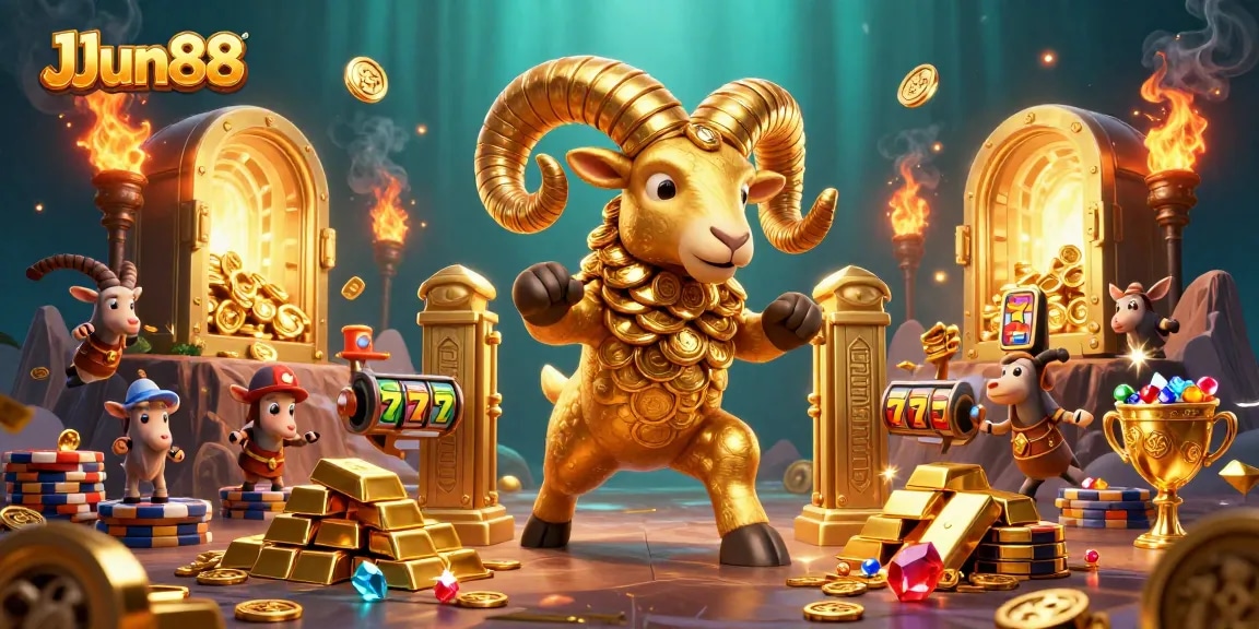 Experience JJun88 with a dazzling scene of a golden ram charging through a casino-themed treasure vault
