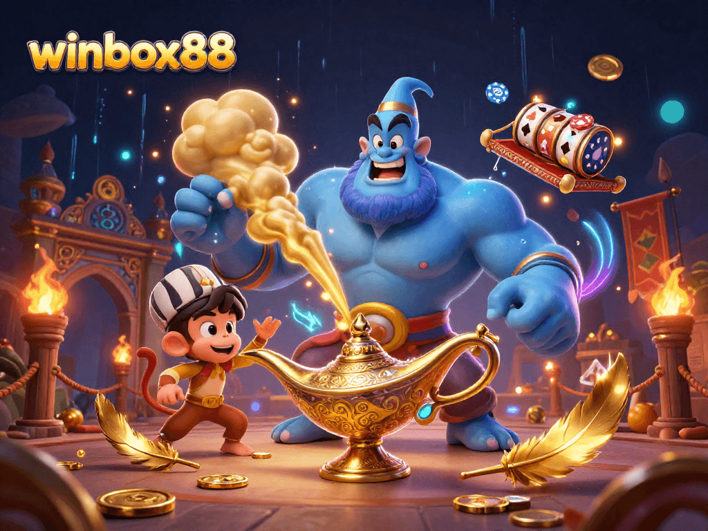 Winbox88's enchanting casino scene features a vibrant genie, monkey, and magic carpet amidst thrilling slots and gold!