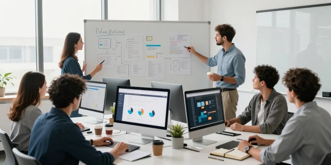 Team collaborating in a modern office, showcasing the WPS Official Website on screens, highlighting teamwork and innovation.