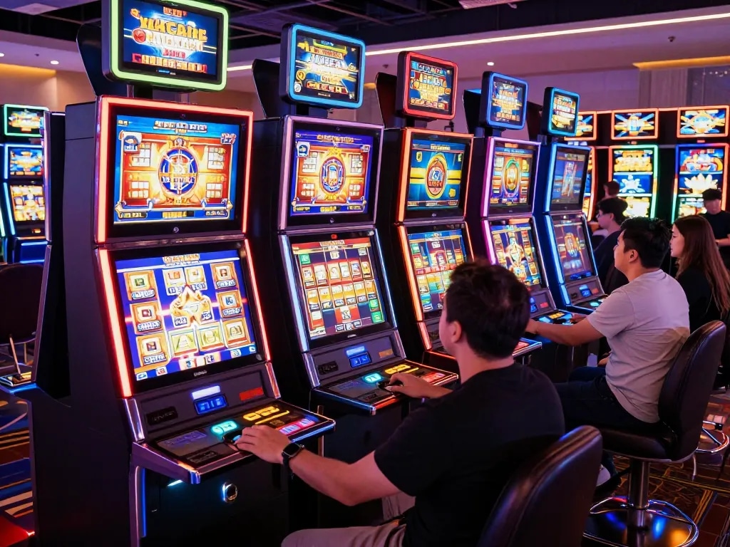 Players enjoy a thrilling slot bet 200 with vibrant machines lighting up the casino scene