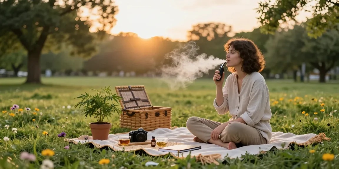 Vape weed and CBD oil showcased in a serene outdoor wellness moment with hemp plants and herbal teas.