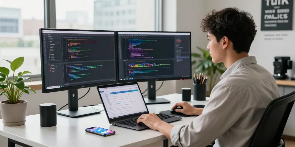 Engaged software developer in a tech workspace using the Telegram官网 app on multiple devices for productivity.