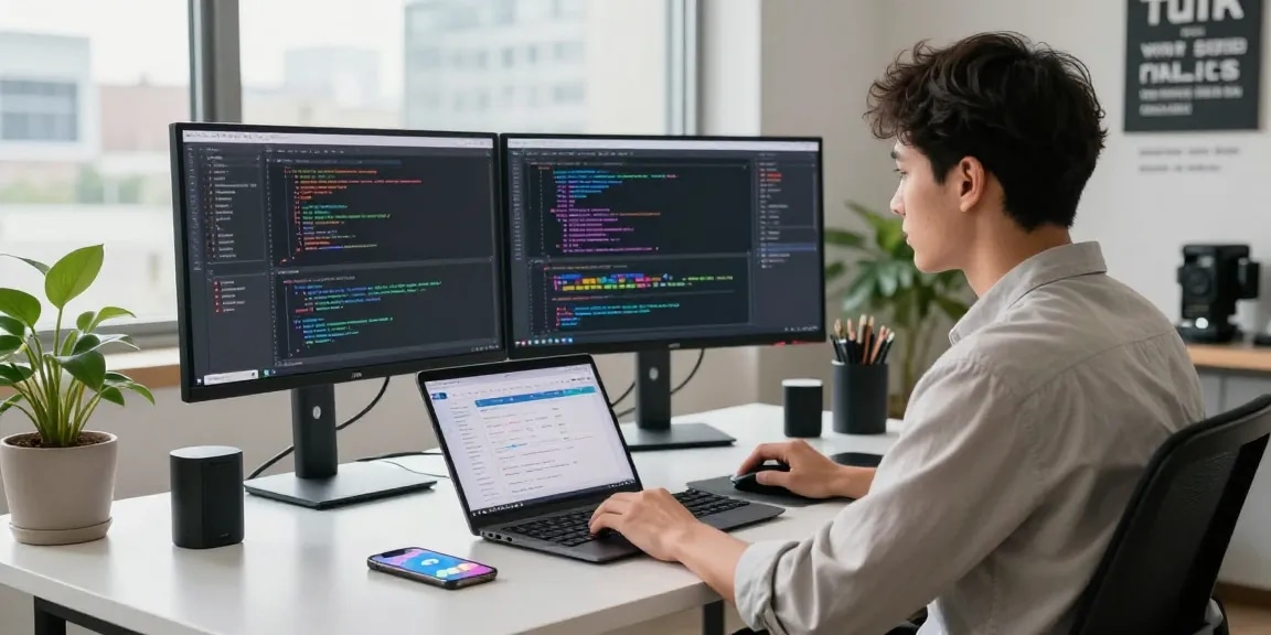 Engaged software developer in a tech workspace using the Telegram官网 app on multiple devices for productivity.