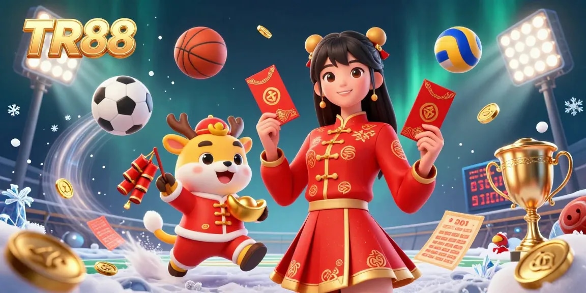 Win big with TR88 in this vibrant 3D illustration of a festive Asian woman celebrating with gaming elements.