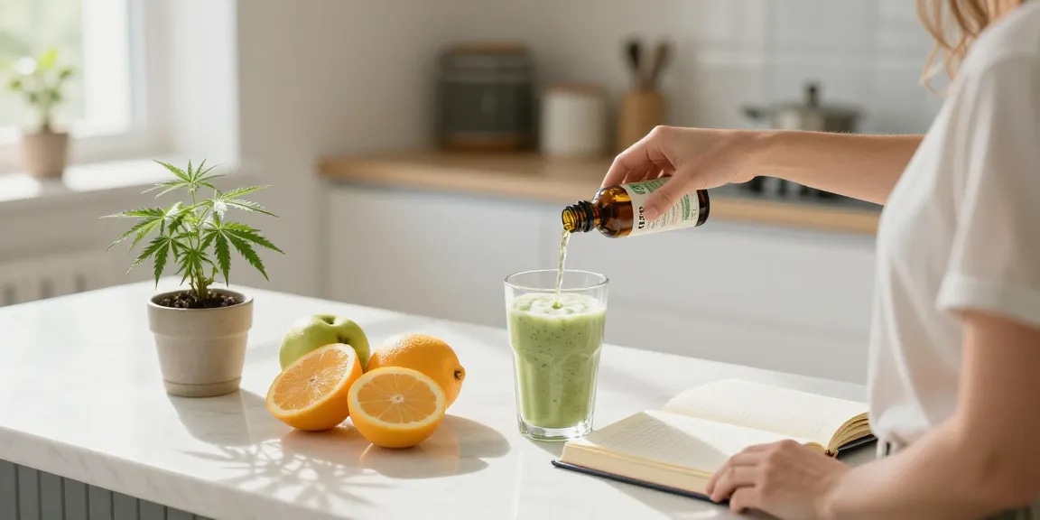 Top shelf flower delivery depicted in a vibrant kitchen scene with CBD oil, fresh ingredients, and wellness items.