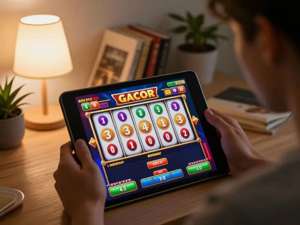 Player enjoying slot gacor on a tablet at home, showcasing interactive reels and vibrant interface.