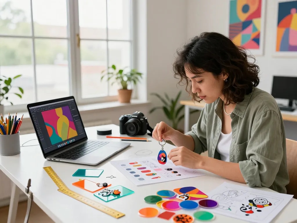 Creating custom keychain designs at a vibrant workspace, showcasing colorful materials and tools.