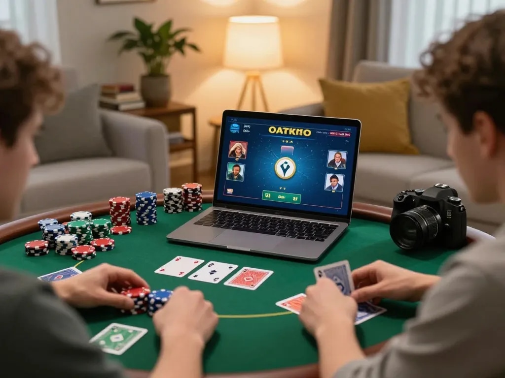 HB88 players strategizing in an immersive online poker game setting, surrounded by cozy home decor.