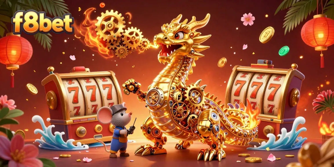 Experience exciting gameplay at f8bet with a golden dragon and slot reels amidst rich casino elements.