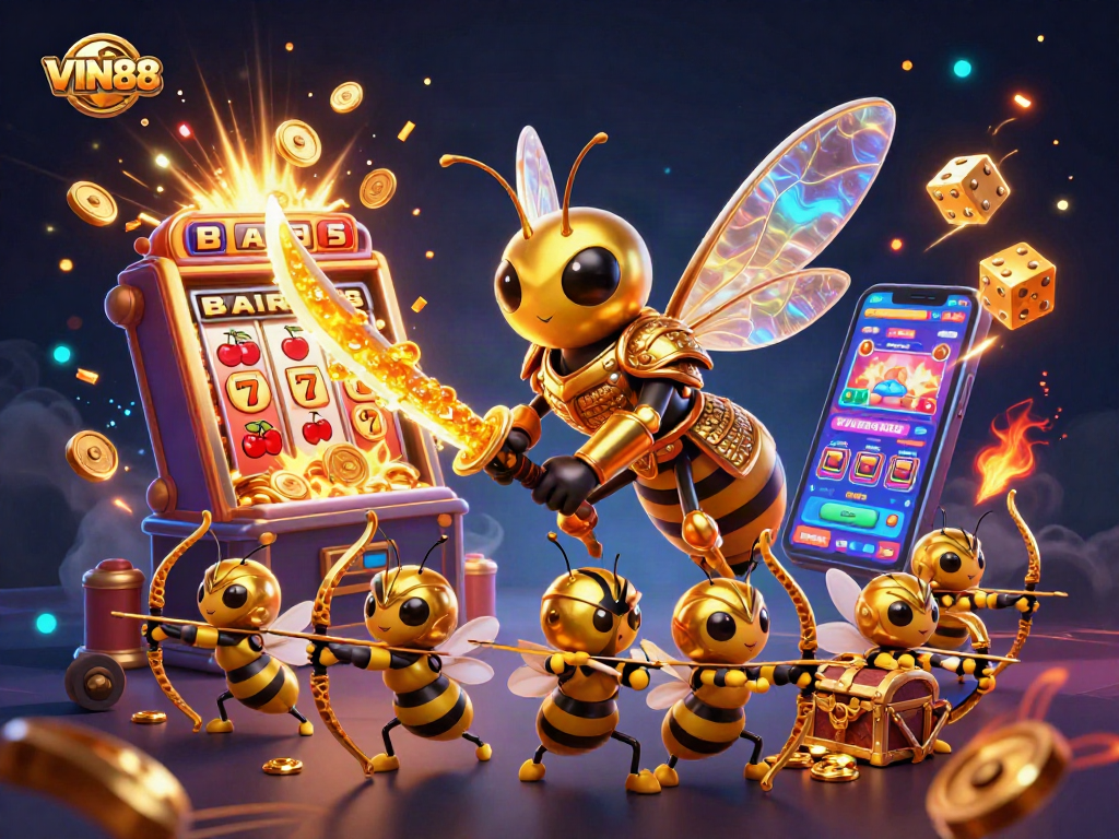 Experience thrilling gameplay at VIN88 with dynamic slot action, golden treasures, and exciting casino elements.