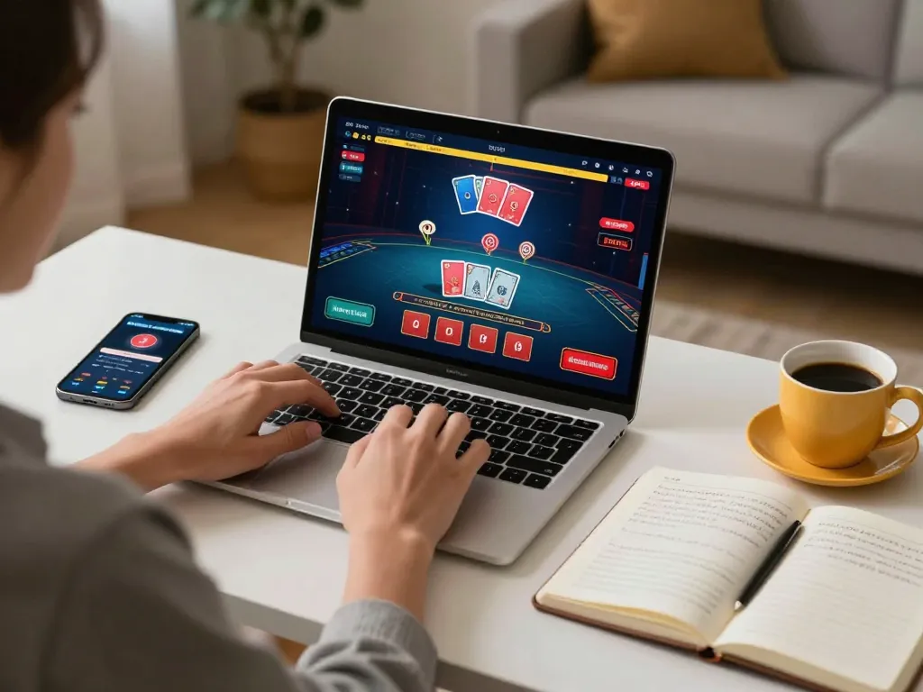 Player engaging in live dealer game on laptop while using strategies at home for bj886 gaming.