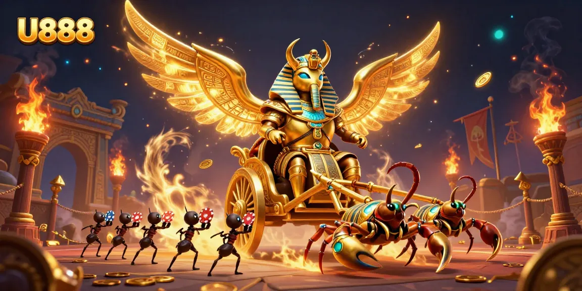 U888 offers thrilling gameplay with a colossal golden scarab beetle amidst explosive casino action.