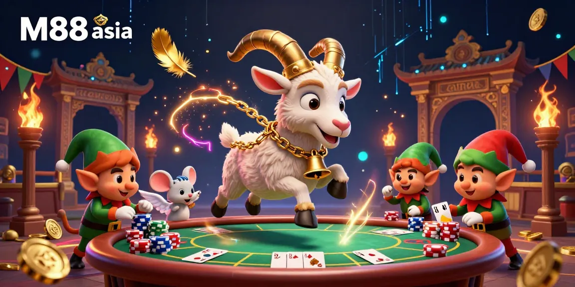 Experience the thrilling M88 asia gaming atmosphere with Krampus and casino elements in a vibrant scene.
