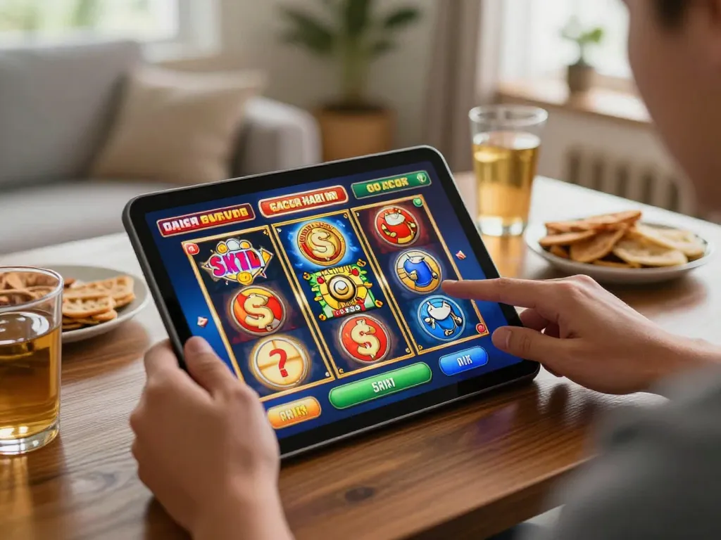 Engaging in slot gacor hari ini gameplay on a tablet in a cozy home environment