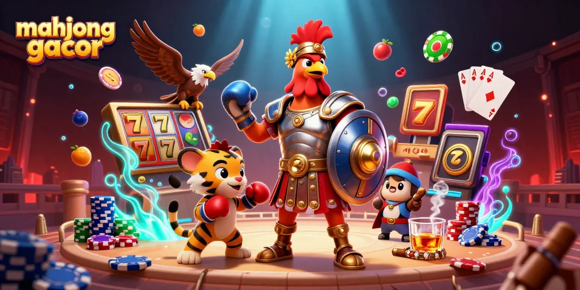 Engage in mahjong gacor with vibrant slot reels and a roguish rooster avatar full of energy.