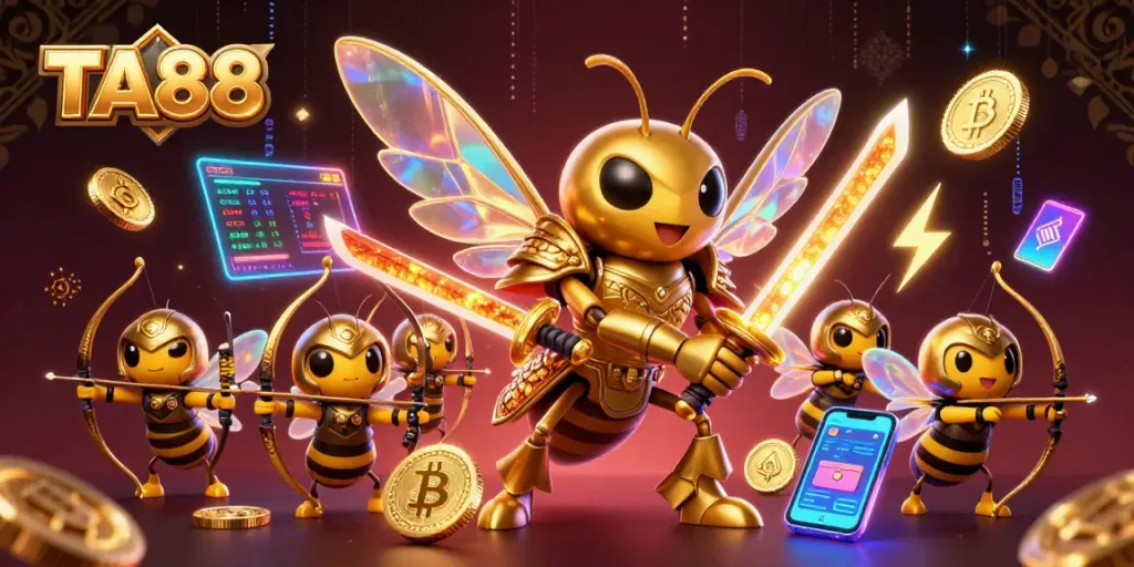 Engage with TA88's vibrant gaming world, featuring a samurai hornet and crypto elements.