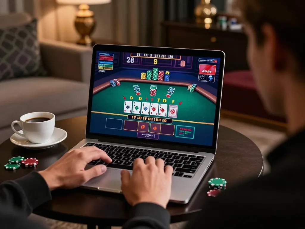 Engaged player utilizing online platform for Prediksi Jitu on live blackjack table, focused on winning strategy