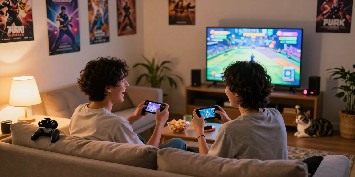 Young adults enjoying a lively multiplayer porngame in a cozy living room.