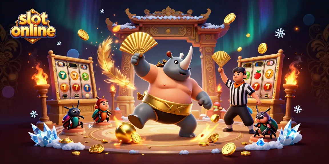 Memenangkan slot online di kasino digital dengan simbol keberuntungan dan kerumunan serangga penggemar.