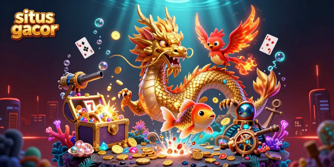 Situs gacor dragon and phoenix illustration showcases vibrant casino elements and dynamic underwater treasures.