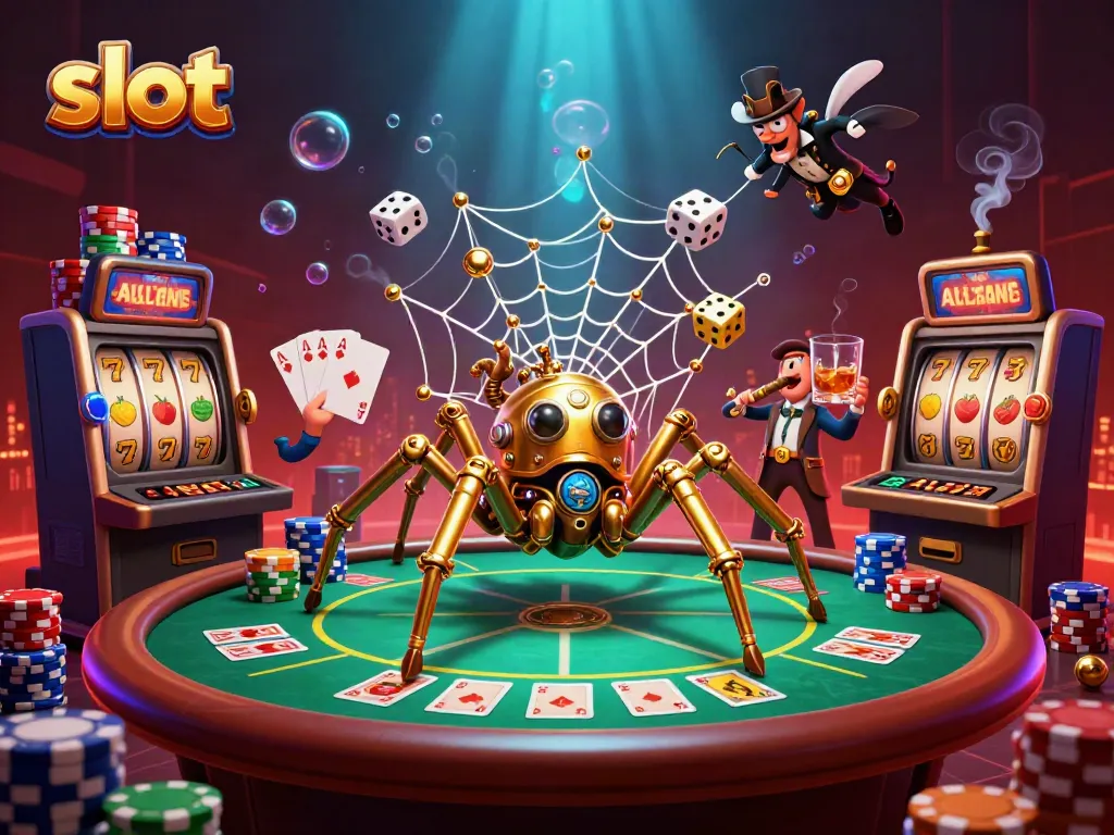 Slot menggambarkan laba-laba steampunk menangkap dadu sial dengan simbol buah di latar belakang kasino.