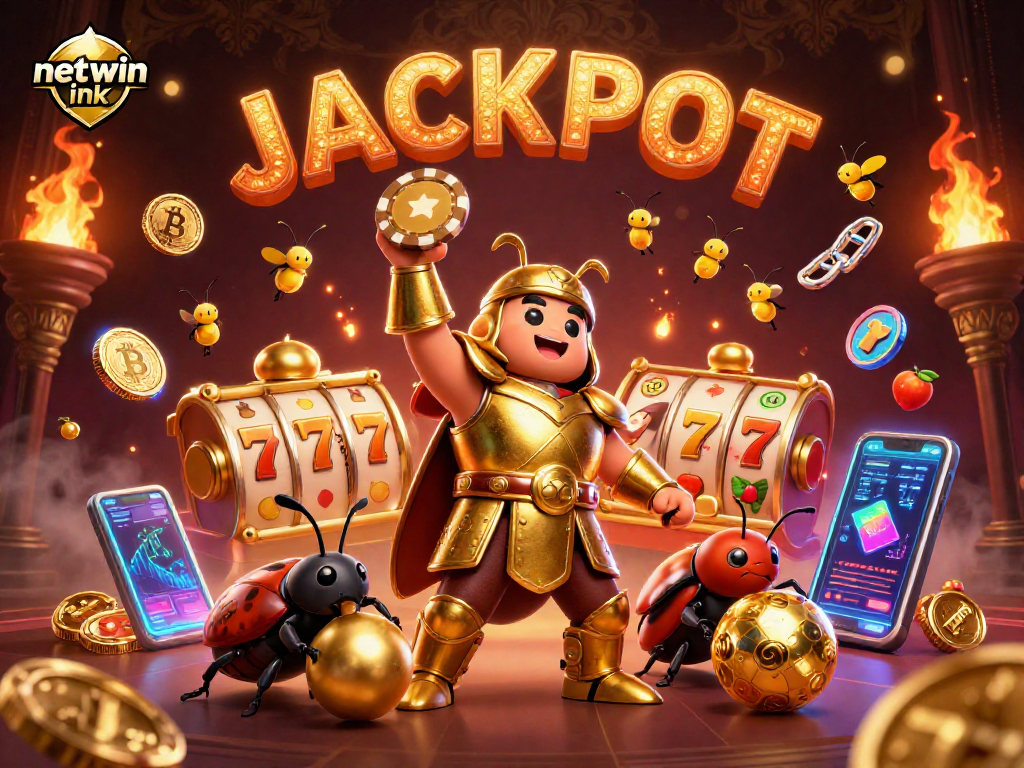 Engage with netwin ink and celebrate winnings as characters lift poker chips amidst vibrant casino elements.