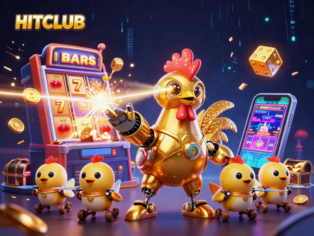 Engage with HITCLUB's thrilling slots action featuring golden rooster robot and jackpot elements.