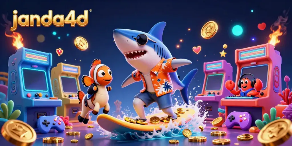 Slot online janda4d dengan karakter ikan hiu, ikan badut, dan kepiting DJ dalam ilustrasi 3D penuh warna.