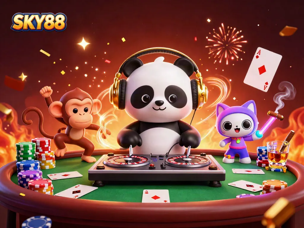 Engage with SKY88's thrilling gaming experience through a vibrant 3D illustration of a bustling casino atmosphere.