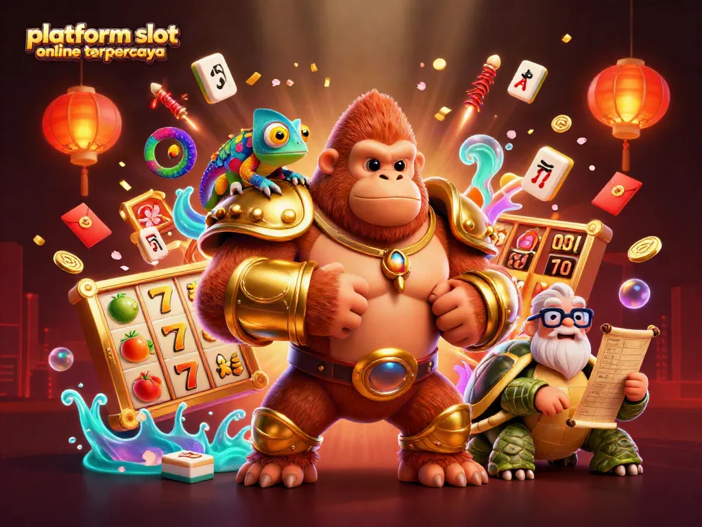 Permainan platform slot online terpercaya dengan karakter gorila dan fitur menarik di sekitar mereka.