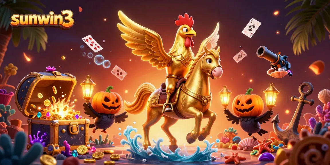 Join the exciting action at sunwin3 with a golden rooster, mystical companions, and vibrant casino game elements.