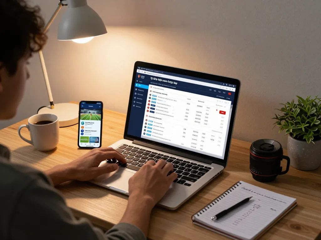 Person using sports betting app to check tỷ lệ kèo nhà cái hôm nay at home office.