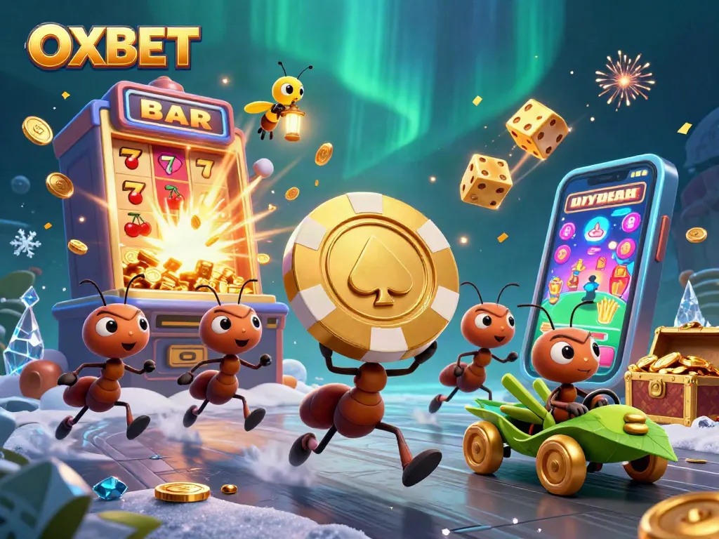Experience the thrill of OXBET with ant heist carrying a golden poker chip amid jackpot excitement.