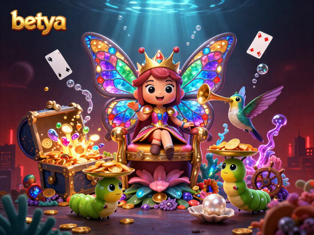 Betya's vibrant underwater casino scene featuring a stunning butterfly queen with animated casino joy.