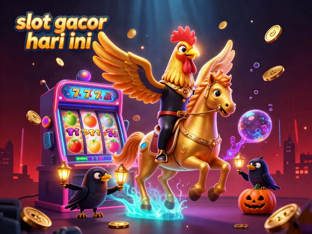 Experience the thrill of "slot gacor hari ini" with a vibrant 3D golden rooster riding through a bustling casino.