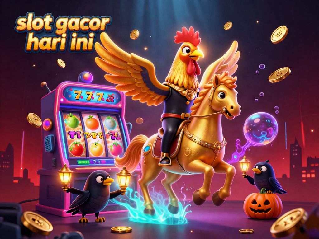Experience the thrill of "slot gacor hari ini" with a vibrant 3D golden rooster riding through a bustling casino.