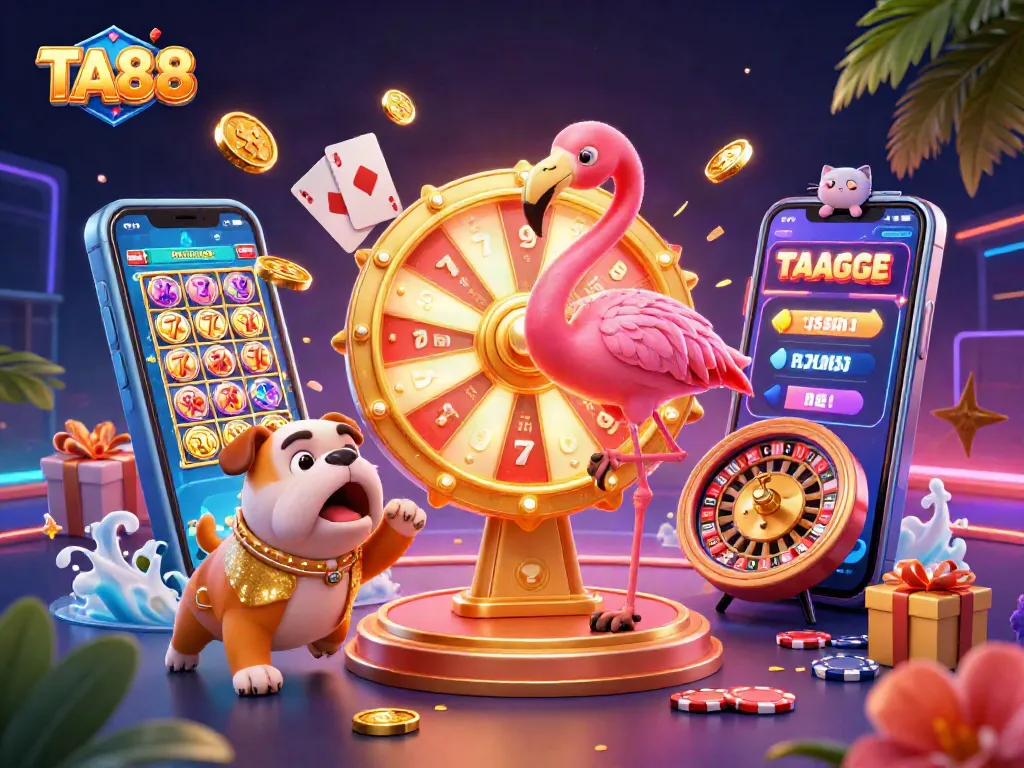 Win big with TA88 as a game show host flamingo spins a golden prize wheel while excitement unfolds.