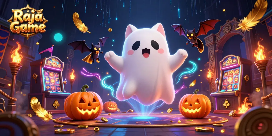 Engage with Raja Game and its exciting casino adventures, featuring a ghost cat and vampire bat amidst glowing elements.