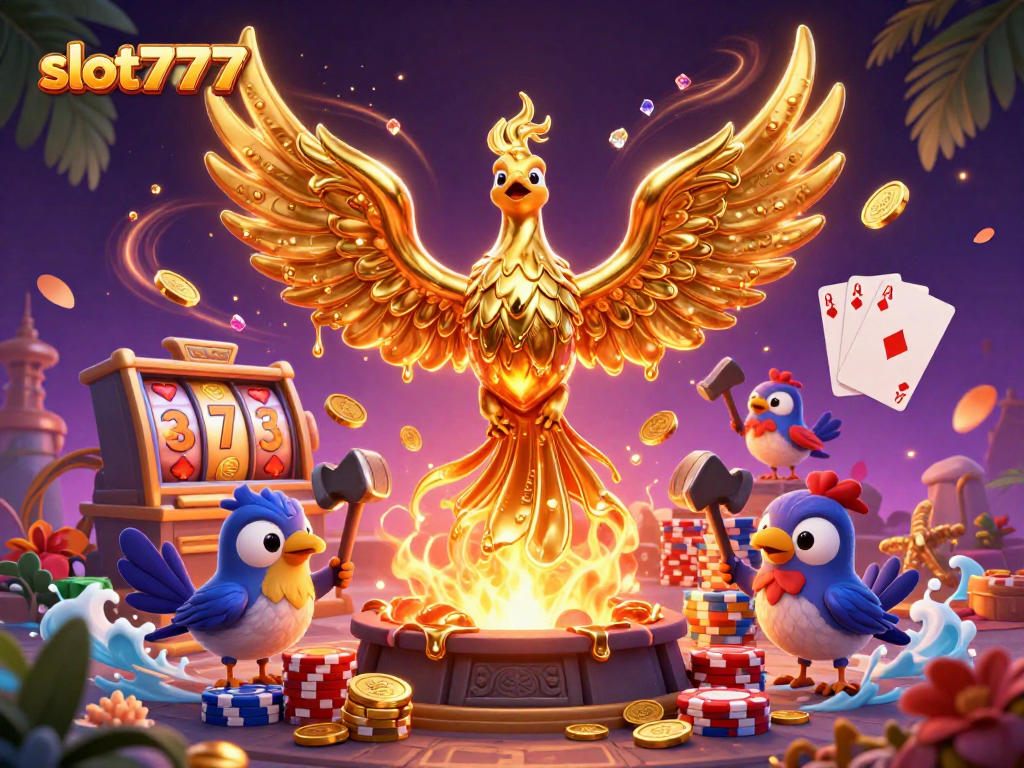 Spin the reels and win with slot777, featuring a golden phoenix at a vibrant casino scene.