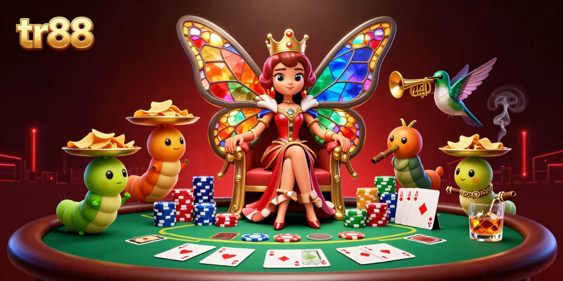 Experience thrilling poker action with vibrant tr88 casino illustration featuring colorful chips and characters.