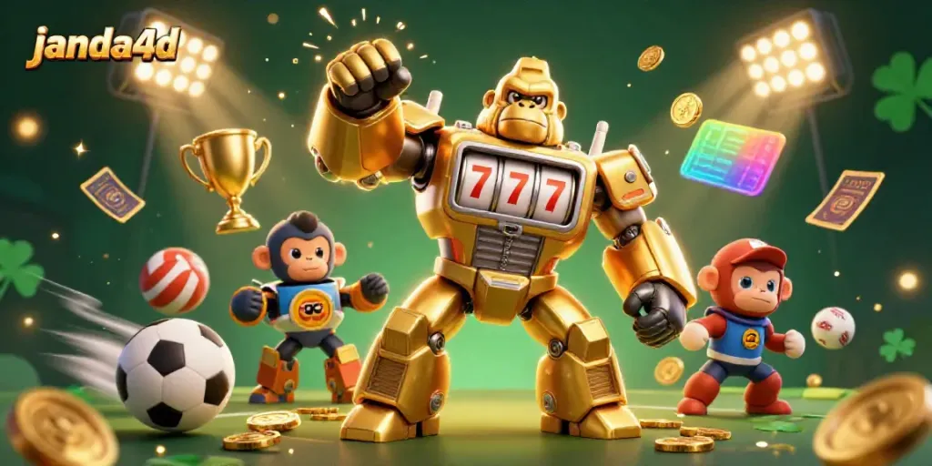 Memenangkan taruhan di janda4d dengan karakter mekanik gorila emas dan elemen bola.