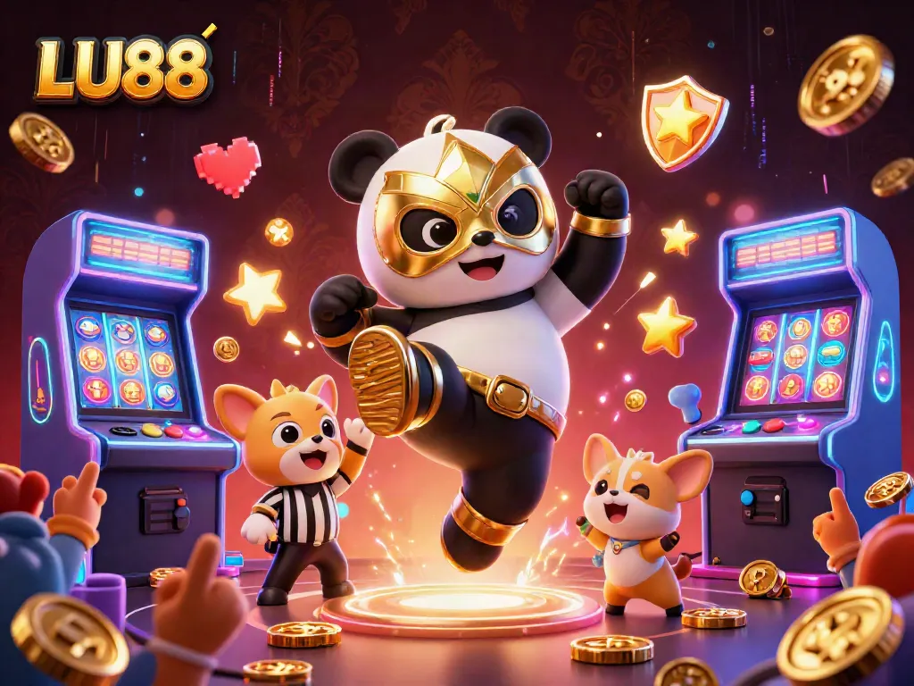 LU88 engages players with a vibrant 3D casino scene featuring exciting gameplay elements and a dynamic wrestling panda.
