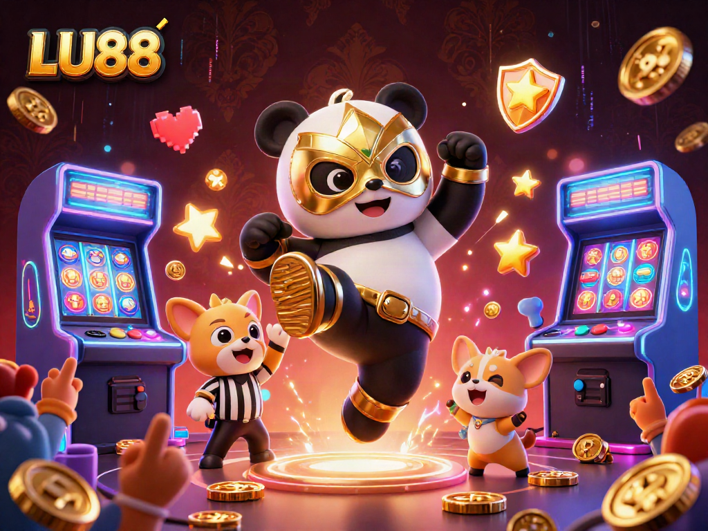 LU88 engages players with a vibrant 3D casino scene featuring exciting gameplay elements and a dynamic wrestling panda.